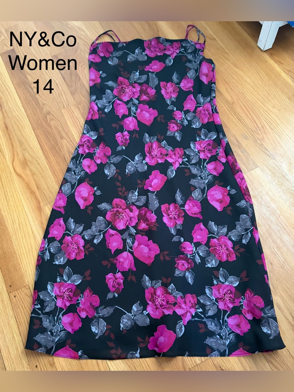 New York & Company Black Midi Dress with Pink Floral Print